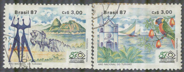 Brasilien - M 2221-2222 Turismåret 1987 bla Papegoja - Segelbåt 2 kpl stpl
