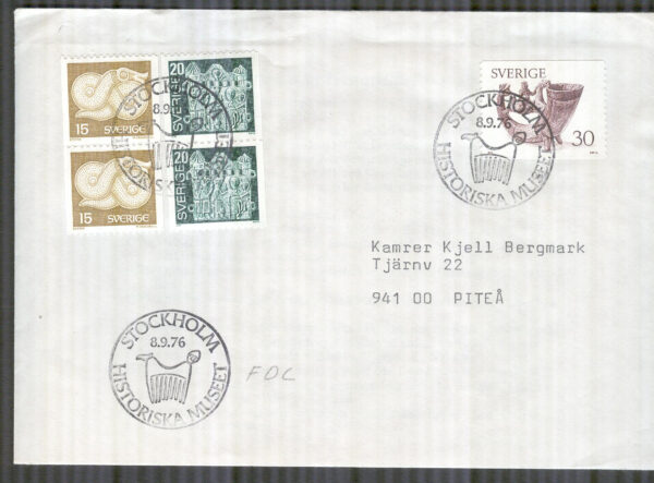 Sverige - FDC 1976-09-08 - Bronsspänne-Pilgrimsmärke-Sotare, 4 kpl Adressat stpl