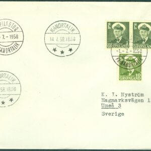 Grönland – Brev 1958-07-01 och 07-14 – Kung Frederik IX, 3 märken,  Adressat