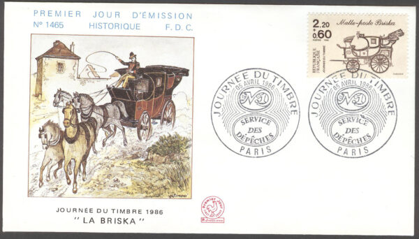 Frankrike - FDC 1986-04-05 Frimärkets Dag 1986 - Postvagn, 1 kpl