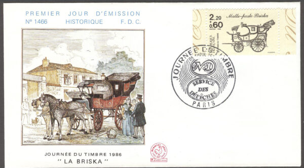 Frankrike - FDC 1986-04-05 Frimärkets Dag 1986 - Postvagn, 1 kpl