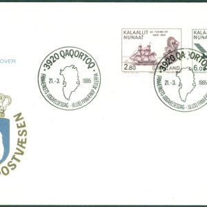Grönland – FDC 1985-03-21 – 1000-årsserien V – Fartyg & Satellit, 2 kpl Vinjett 1