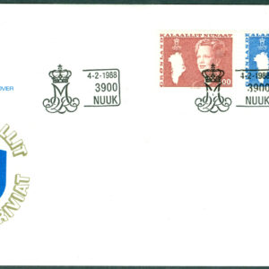 Grönland – FDC 1988-02-04 – Drottning Margrethe typ III, 2 kpl Vinjett 1
