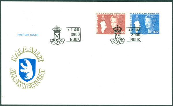 Grönland - FDC 1988-02-04 - Drottning Margrethe typ III, 2 kpl Vinjett 1