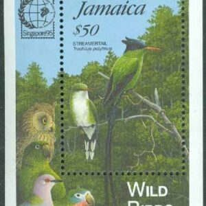 Jamaica – M BL  45 Fåglar, Rödnäbbad vimpelkolibri. Påtryck Singapore 95,  block **