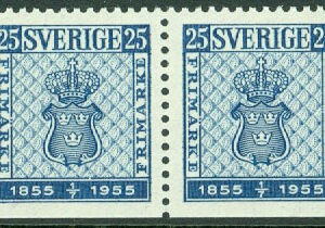 Sverige – F  467DD2 Svenska frimärket 100 år, vinkeltandat par **