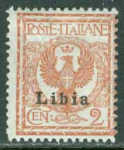 Italienska Libyen – M    2 Påtryck LIBIA på italienskt märke, 2 C *