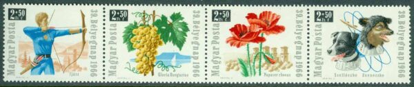 Ungern - M 2275-2278A Frimärkets Dag 1966 - Sport - Frukt - Blommor - Hundar, 4-strip kpl **
