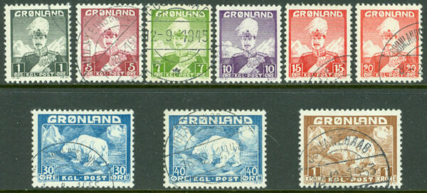 Grönland - F    1-9 Christian X, isbjörn, 9 kpl stpl