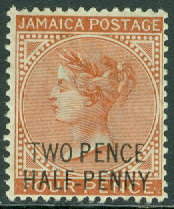 Jamaica – M   26 Drottning Victoria, påtryck TWO PENCE HALF PENNY, *