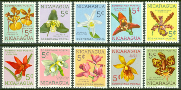 Nicaragua - M Z   61-70 Orkidéer, tvångstilläggsmärken, 10 kpl **