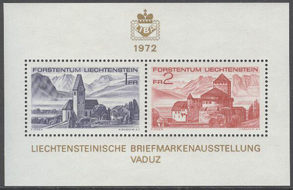 Liechtenstein - M BL   9 Frimärksutställningen LIBA 72, byggnader, block **