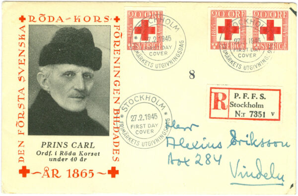Sverige - FDC 1945-02-27 - Röda Korset 80 år, 3 kpl. Vinjett 1, REK + Adessat