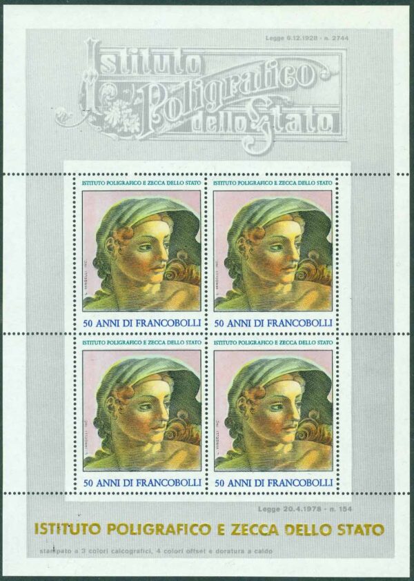Italien - Souvenirark 50 år frimärken från Polygrafiskt institut och statsmynt, block