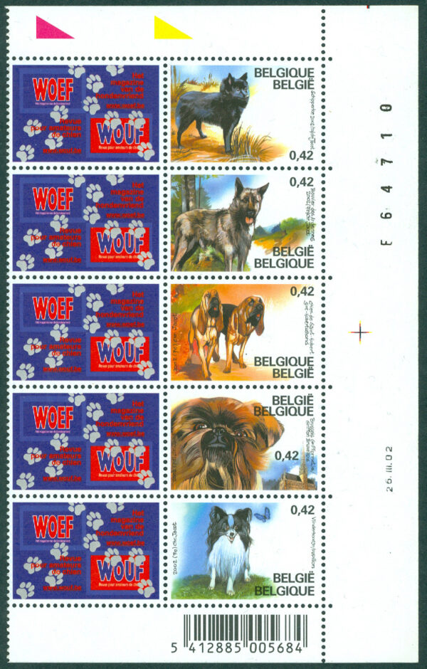 Belgien - M 3114-3118 Belgiska rashundar, 5-strip med tab **