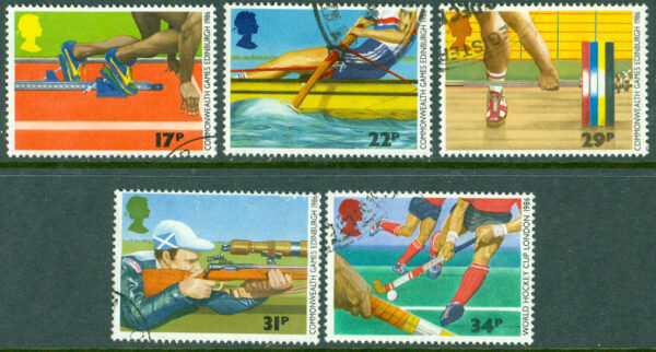 England - M 1076-1080 Samväldesspelen och VM i landhockey för män 1986, 5 kpl stpl