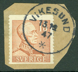 F  275 Gustaf V, profil höger, 15 öre.  VIKESUND 13.12.47 på klipp  (Y/Med)