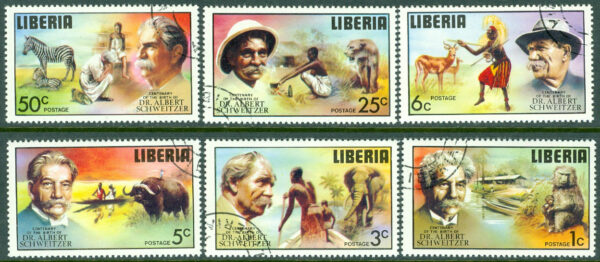 Liberia - M  960-965 Albert Schweitzer (1875-1965), teolog, musiker, läkare, nobelpristagare, 6 kpl stpl