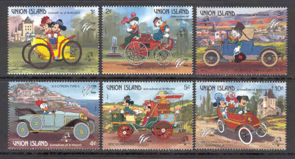 Union Island Grenadines of St. Vincent - M  246-251 Disneyfigurer och gamla bilar, 6 ol **