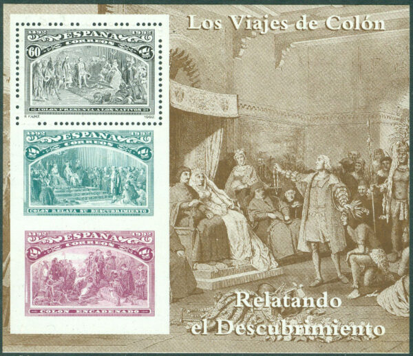 Spanien - M BL  50 Upptäckten av Amerika 500 år. Columbus framför kungaparet, block **