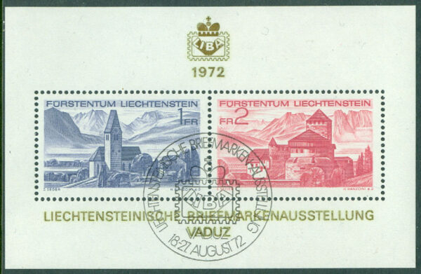 Liechtenstein - M BL   9 Frimärksutställningen LIBA 72, byggnader, block stpl