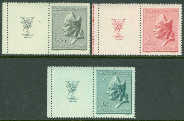 Tjeckoslovakien - M  515-517 Den helige Adalbert död 950 år, 3 kpl + Zf **