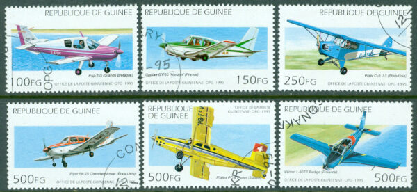 Guinea - M 1539-1544 Flygplan bla Piper J-3 Cub, 6 kpl stpl