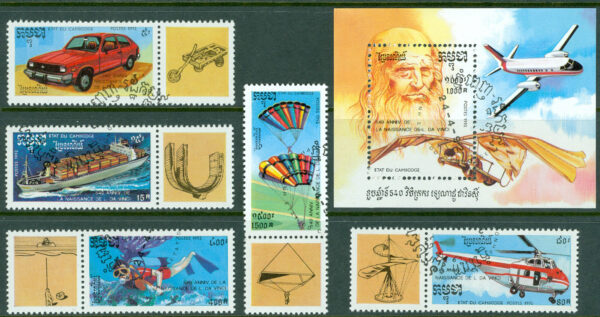 Kambodja - M 1288-1292 + BL 190 Leonardo da Vincis födelse 500 år, 5 kpl + Zf + block stpl