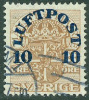 F 136 Luftpost 10 öre på 3 öre brun stpl
