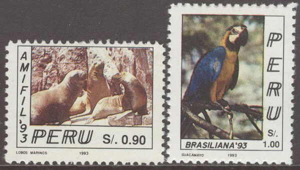Peru - M 1494-1495 Naturskyddsområden, Blågula Ara och Sydamerikansk Pålssäl, 2 kpl **