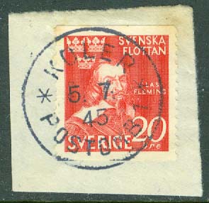 F  354 Sv. Flottan 20 öre. KOLER POSTOMB. 1  6.7.45  på klipp  (BD/Nb)