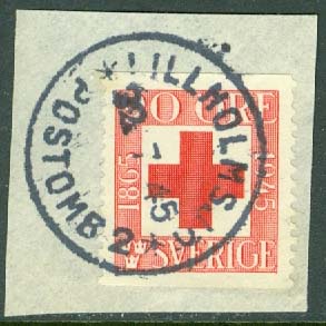 F  358 Röda korset. LILLHOLMSJÖ POSTOMB. 2  22.7.45 på klipp (Z/J)