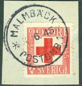 F  368 Röda korset. MALMBÄCK POSTOMB. 1  30.6.45 på klipp (F/Sm)