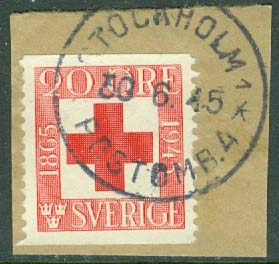 F  368 Röda korset. STOCKHOLM 1 POSTOMB. 4  30.6.45 på klipp  (A/U)