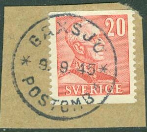 F  276 Gustaf V typ II. GÅXSJÖ POSTOMB. 1  9.9.45 på klipp  (Z/J)
