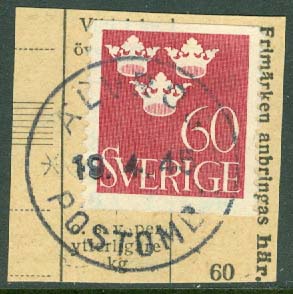 F  286 Tre kronor 60 öre. ÄLVROS POSTOMB. 1  19.4.45 på klipp  (Z/J)