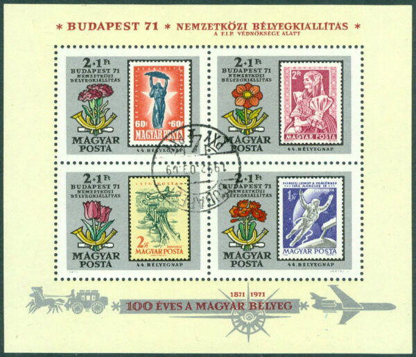 Ungern - M BL  83A Frim. utst. BUDAPEST 71, Ungerska frimärken 100 år, block stpl