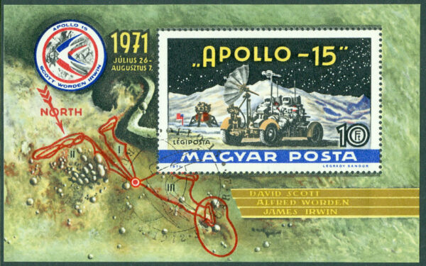 Ungern - M BL  87 A Apollo 15. Månlandskap och månfordon, block stpl