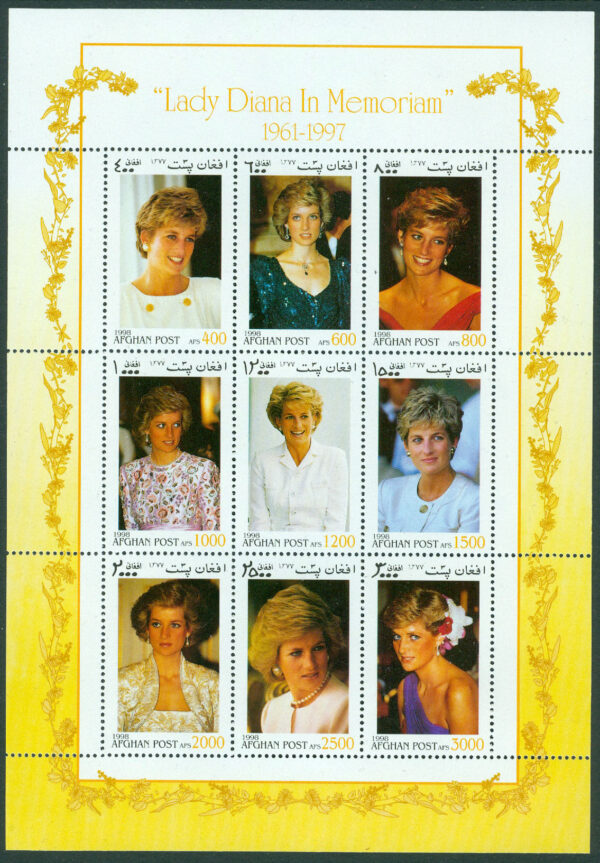 Afghanistan - M 1775-1783 Princessan Dianas död 1997, miniark 9 kpl **