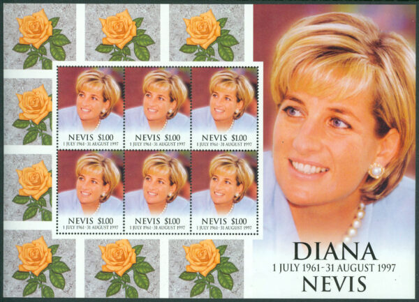 Nevis - M 1288 Prinsessan Diana död 1 år, miniark kpl **