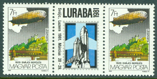 Ungern - M 3483 A Int. luft- och rymdfarts-frimärksutställning, LURABA, 3-strip **