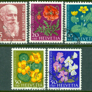Schweiz – M  687-691 Pro Juventute 1959,  Carl Hilty och Ängs- och trädgårdsblommor, 5 kpl stpl