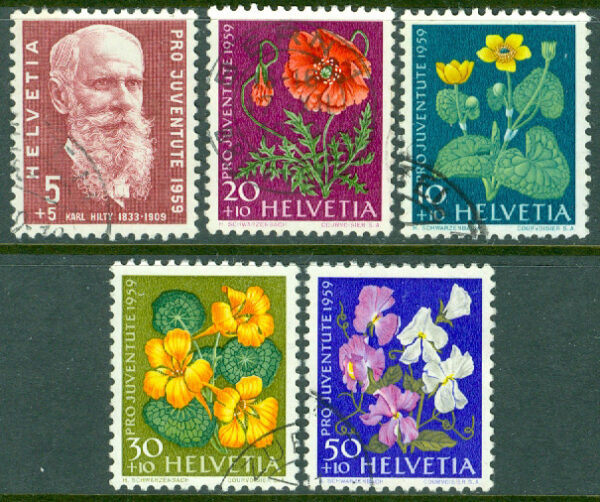 Schweiz - M  687-691 Pro Juventute 1959,  Carl Hilty och Ängs- och trädgårdsblommor, 5 kpl stpl