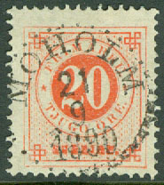 F   46 Ringtyp posthorn 20 öre. Praktstämplat MOHOLM 21.9 1880  (R/Vg)