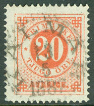 F   46 Ringtyp posthorn 20 öre. Praktstämplat KALMAR 13.5 1887  (A/Sm) kht
