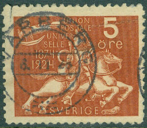 F  211 Världspostföreningen UPU 50 år, 5 öre stpl VARBERG 6.11.25  (N/Ha)