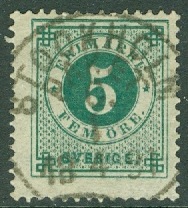 F   43 Ringtyp posthorn 5 öre. Praktstämplat STOCKHOLM PAKET C. 1.4 1891  (A/U)