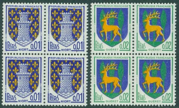 Frankrike - M 1458-1459 Stadsvapen Niort och Guéret, 2 kpl i fyrblock **