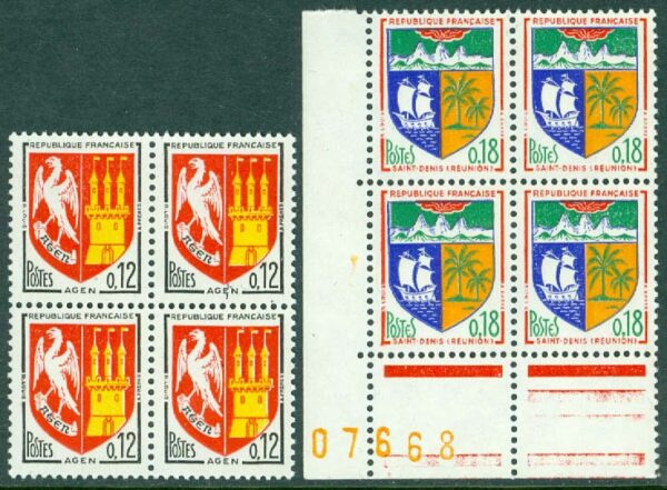 Frankrike - M 1472-1473 Stadsvapen Agen och Saint-Denis, 2 kpl i fyrblock **