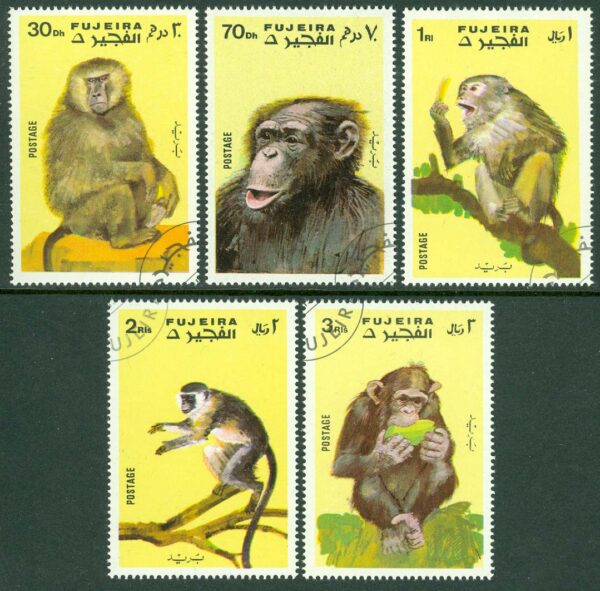 Fujeira - M  786-790 Apor bl.a. Schimpans, 5 kpl stpl
